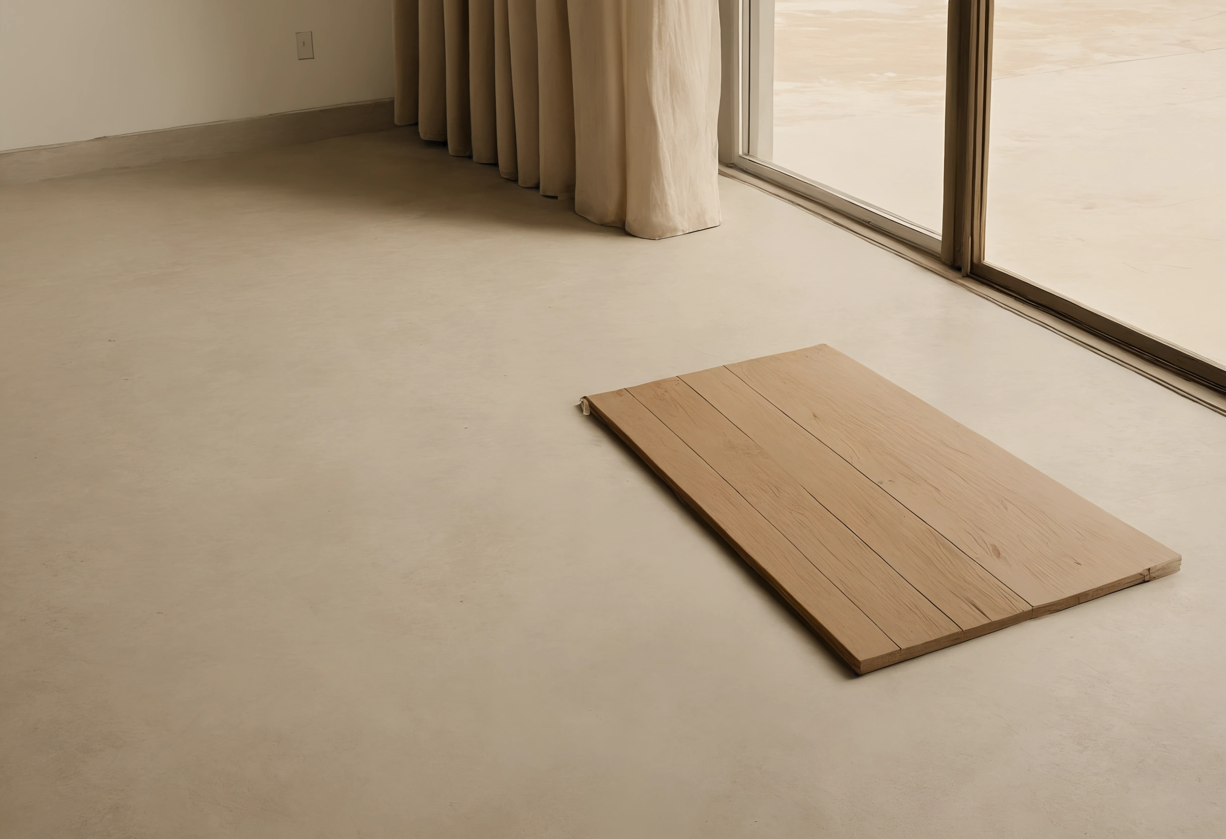 Oak flooring sample board lying on the bare concrete floor of an empty Dubai apartment beside sliding doors