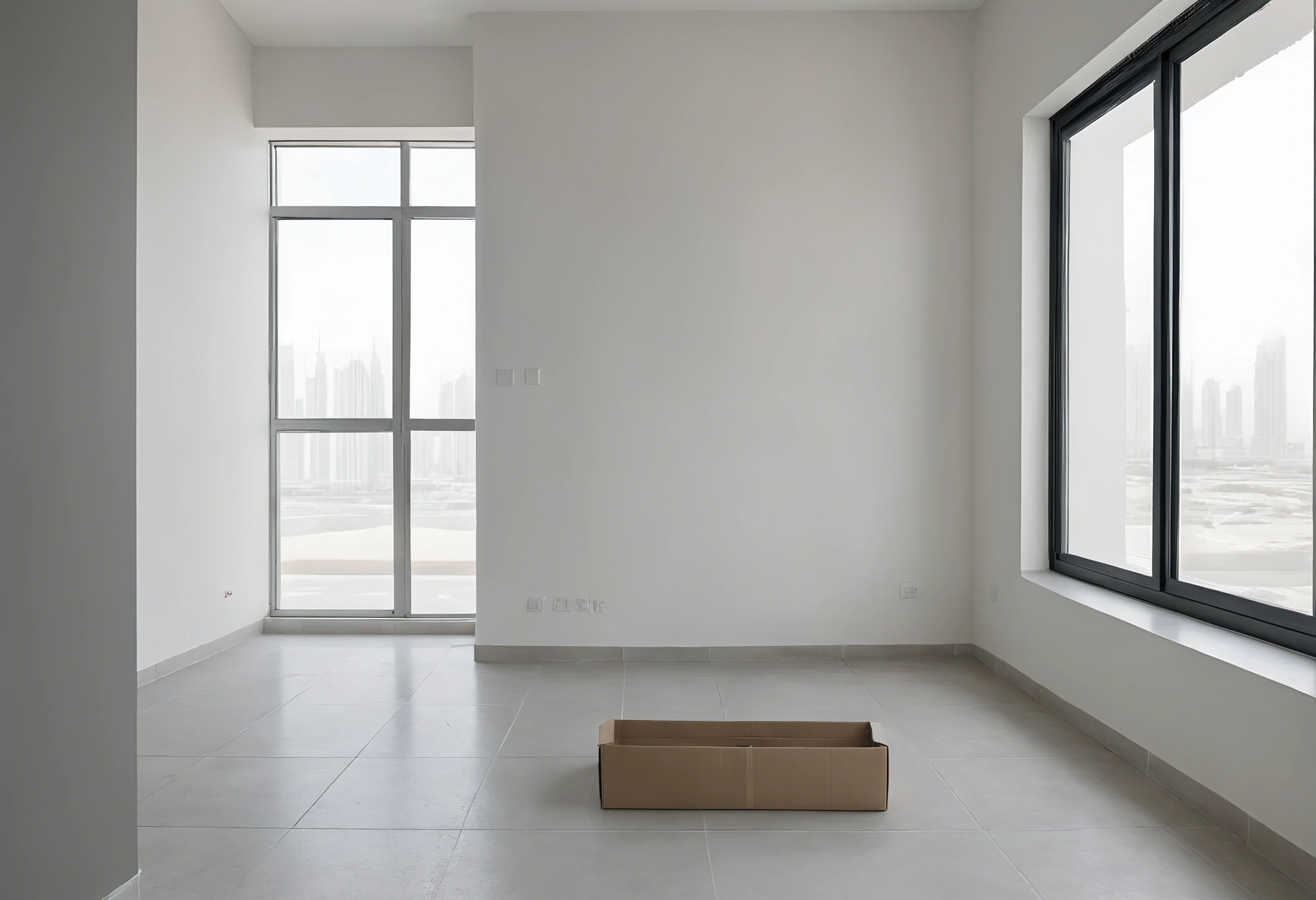 Empty newly handed-over Dubai apartment with white walls, tiled floor, a cardboard box and tall windows facing the skyline